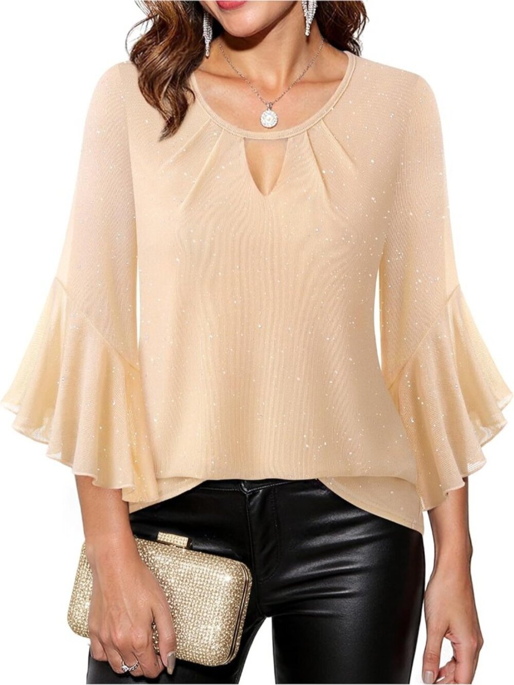 Women's Shirt Champagne Ruffle 3/4 Sleeve Blouses Glitter Cocktail Party Top - Picture 4 of 6